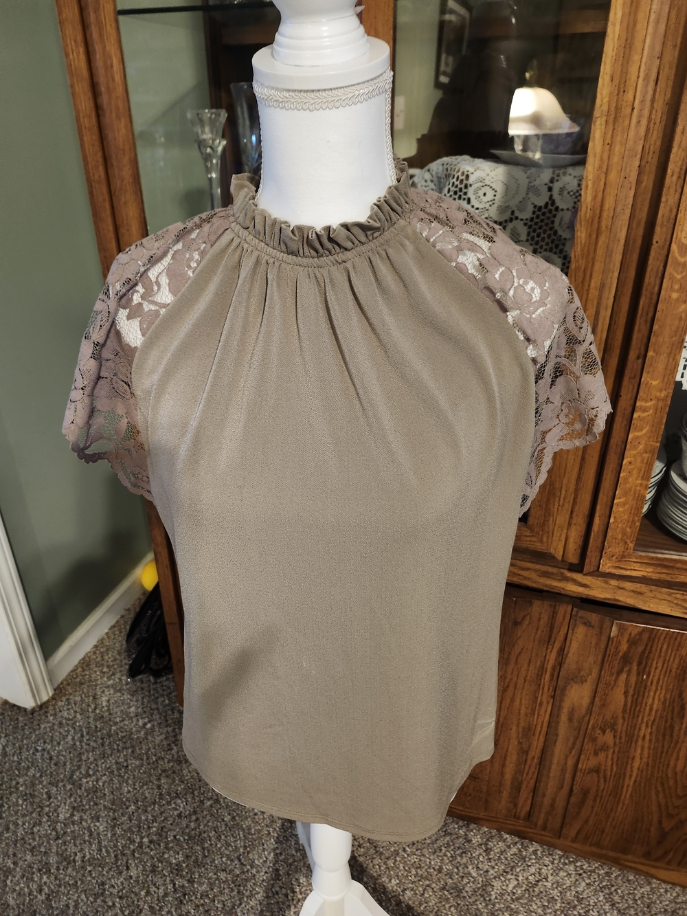 Ruffled Neck Lace-Sleeve Women’s Top - Taupe